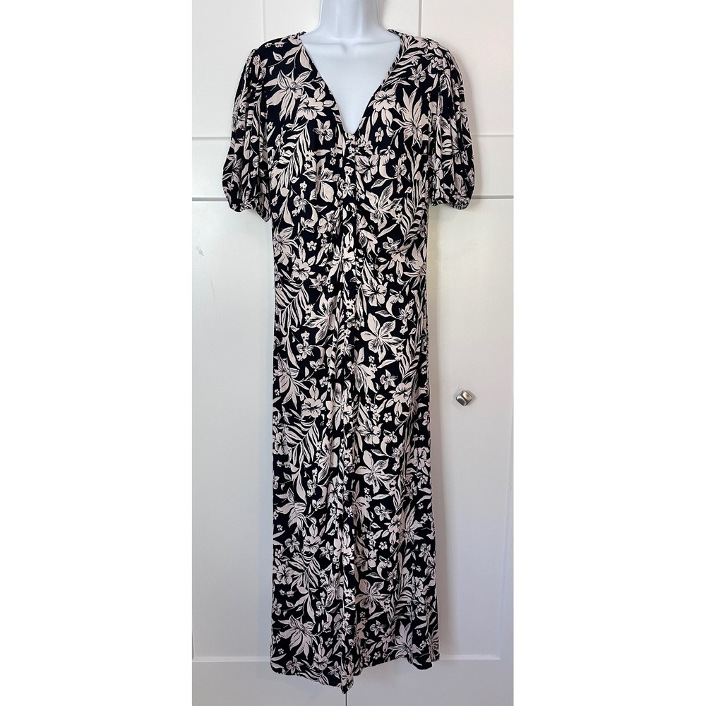 Faherty Brand Sorrento Navy Cream Floral V-Neck Puff Sleeve Maxi Dress Small